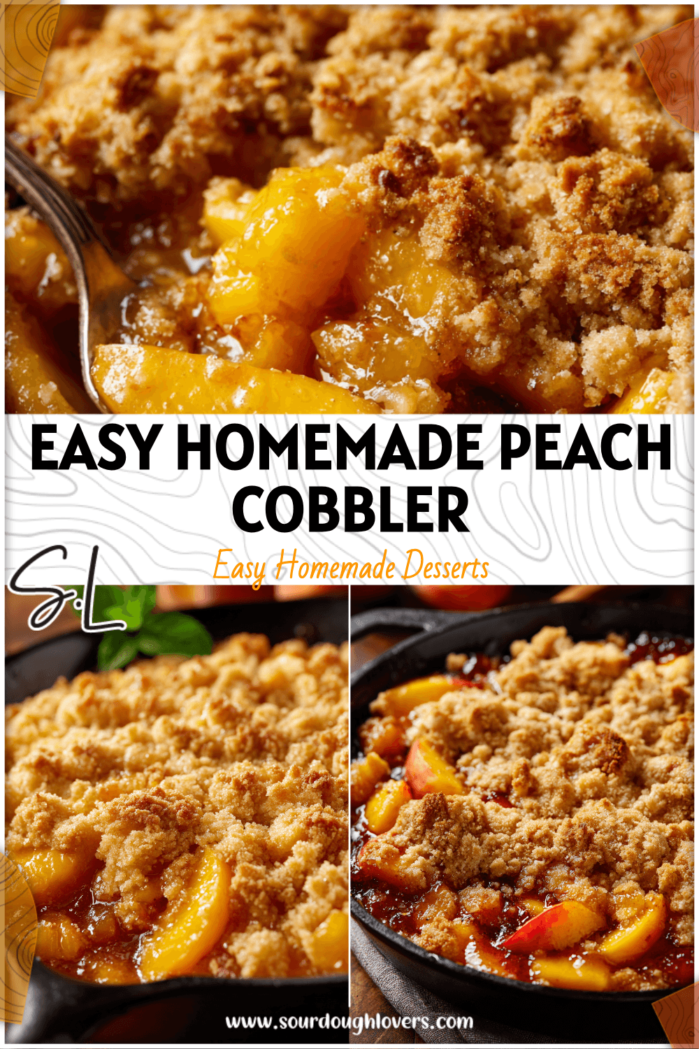 Golden peach cobbler skillet topped with crispy crumble and fresh peaches baked in a cast iron pan.